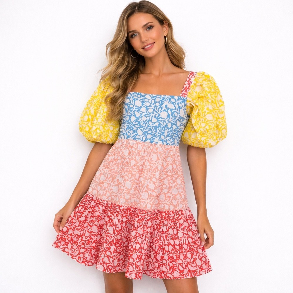 Oliphant Canary Multi Bubble Skirt Mini Dress Puff Sleeve Colorblock Summer XS
